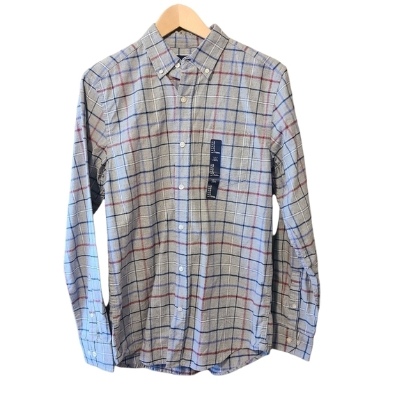 NEW Gap  slim fit gray blue red stripes long-sleeved Button-down cotton shirt - Picture 1 of 14